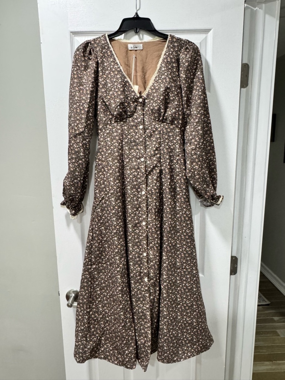 Brown Floral Maxi Dress with Lace Trim